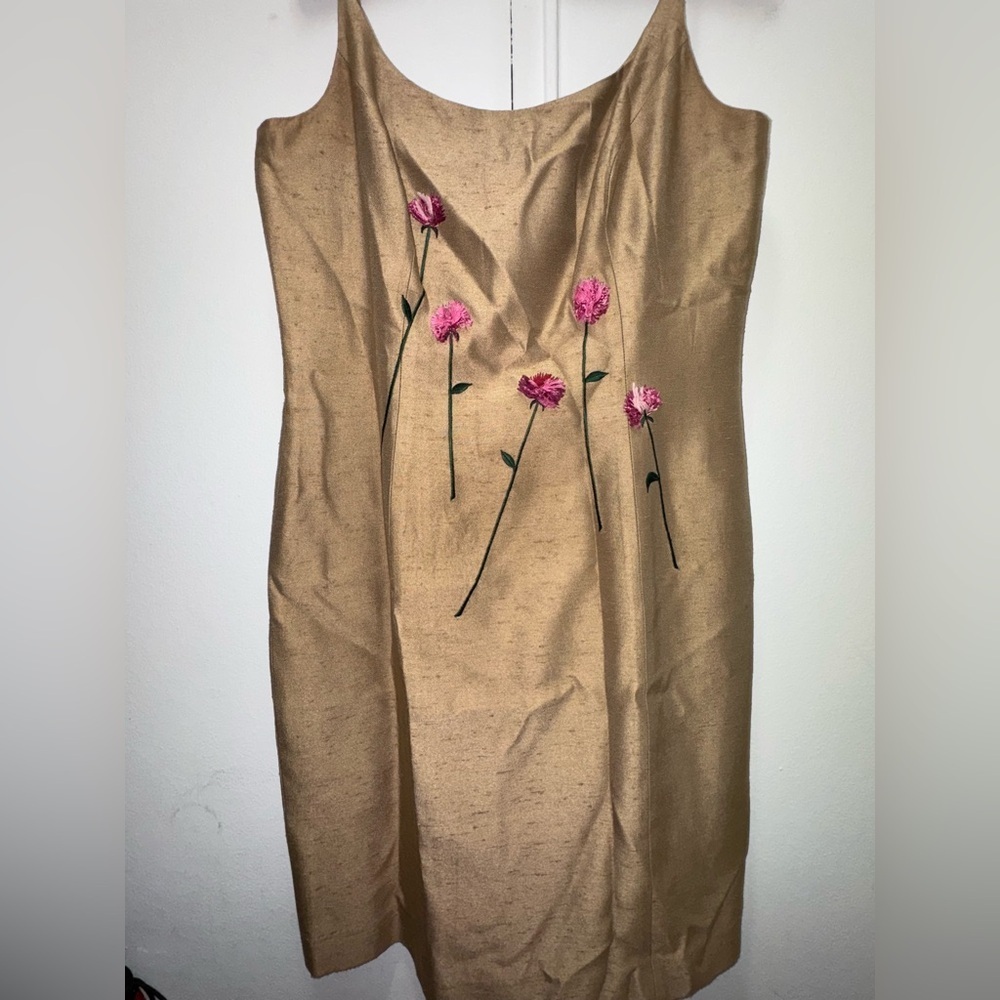 Geometrie dress vintage 90s with 3-D flowers beige and pink size US 8 / UK 12